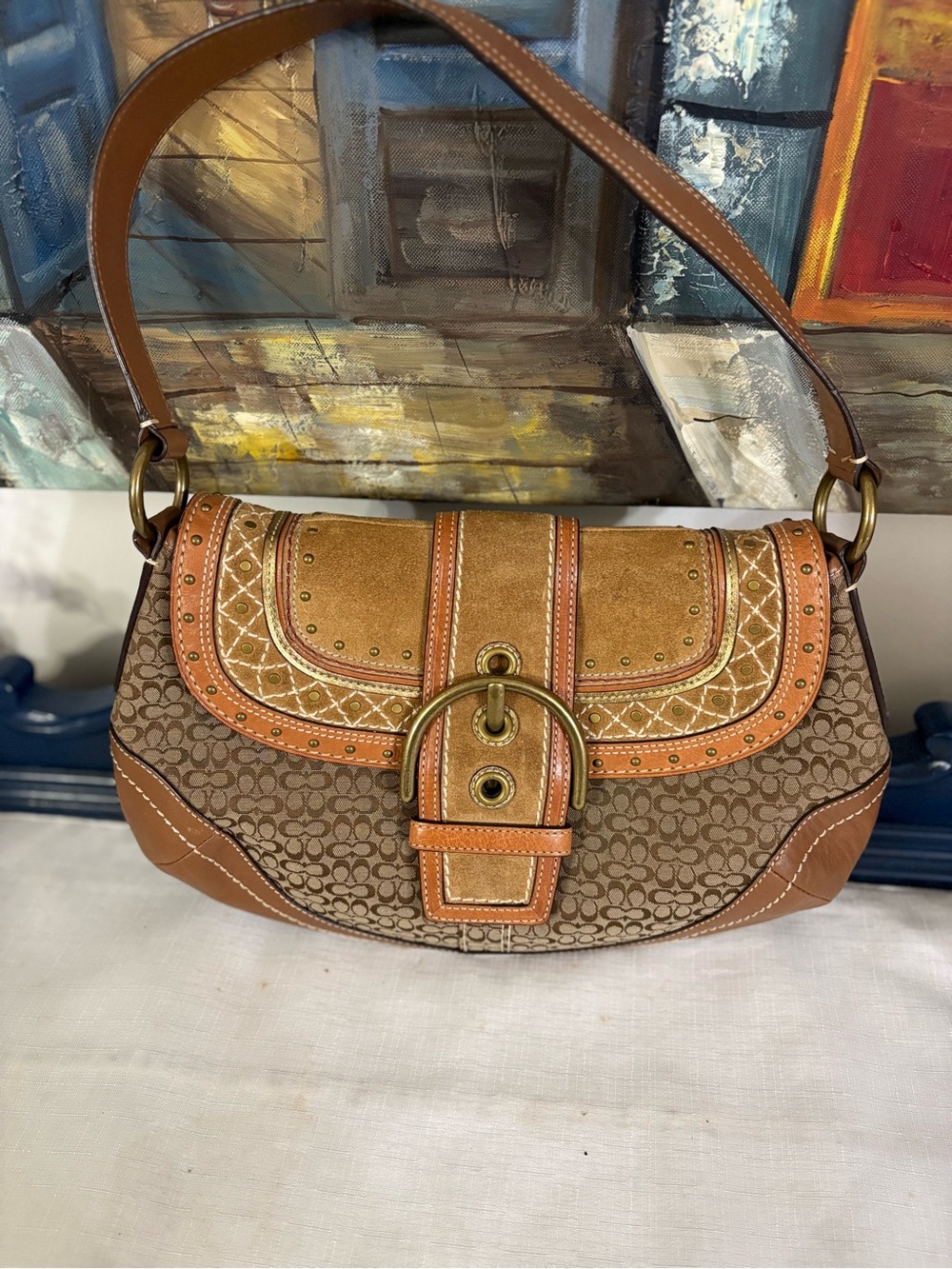 Coach Brown Tan Signature Canvas Shoulder Bag